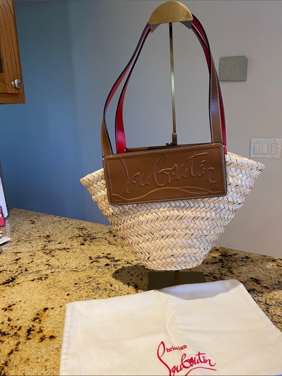 Christian Louboutin Handbags - Christian Louboutin Tan & Natural Woven Straw Tote with Red-Trim Handles